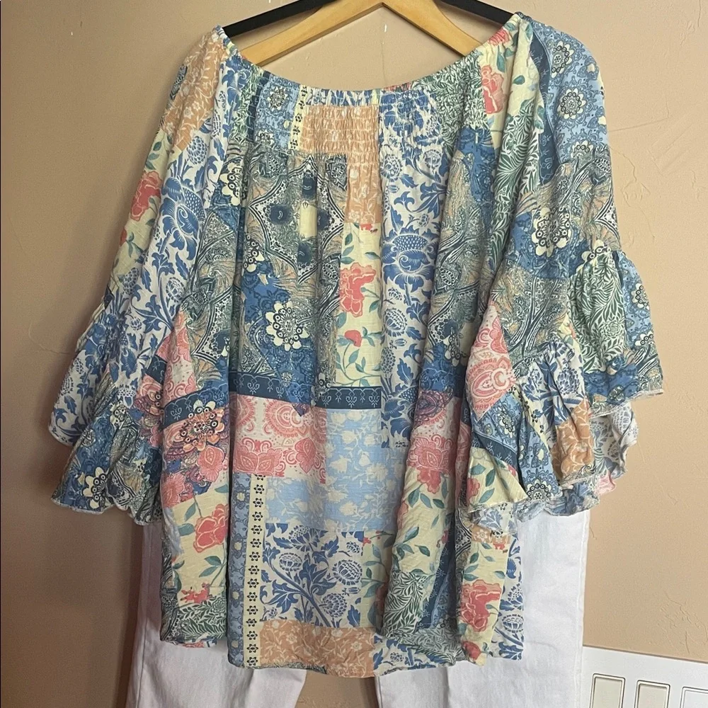 Cato Patchwork Peasant Blouse - Blue, Cream, Coral, Green - Picture 6 of 6
